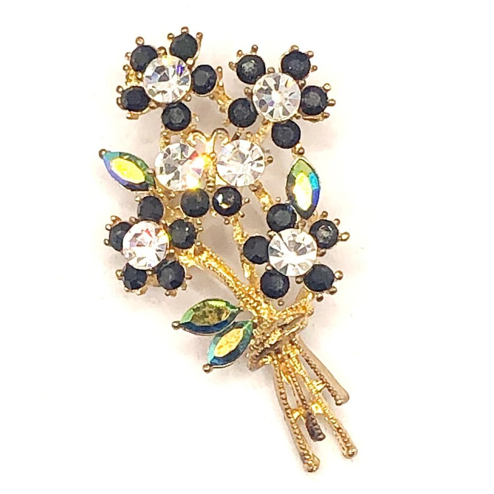 Colorful Rhinestone Gold Tone Metal Bouquet Floral Brooch Pin